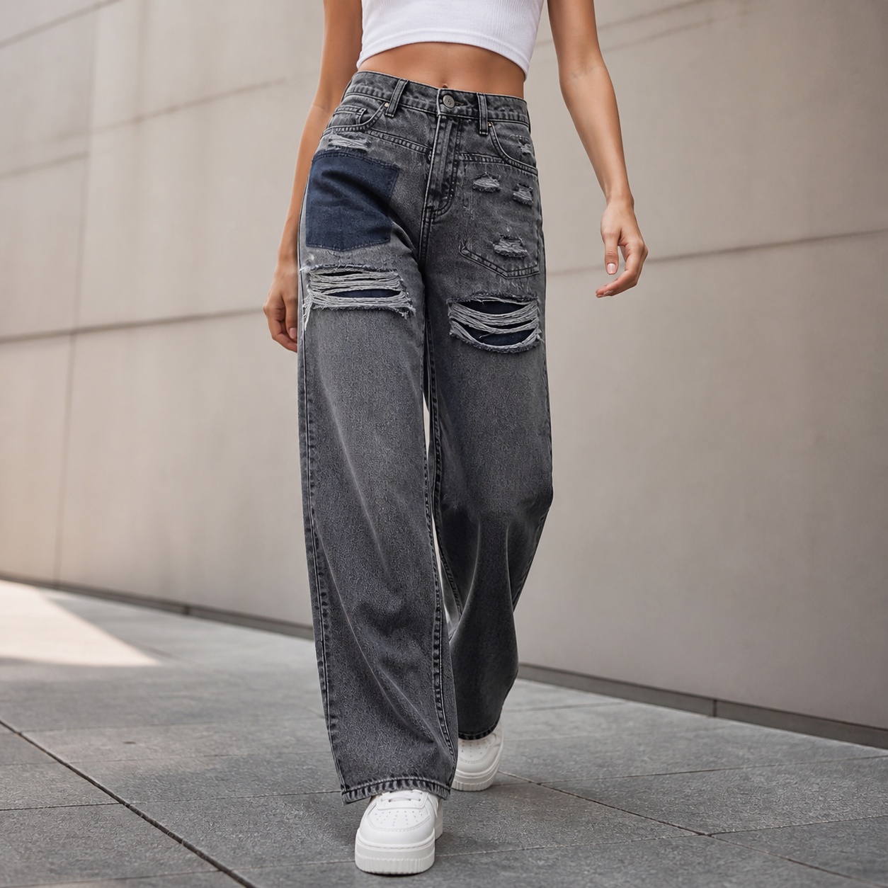 Distressed Jean Rip - Calça Jeans Feminina de Cintura Média,