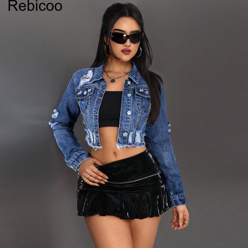 Distressed Jean Rip - Jaqueta Jeans Cropped Feminina Manga Longa