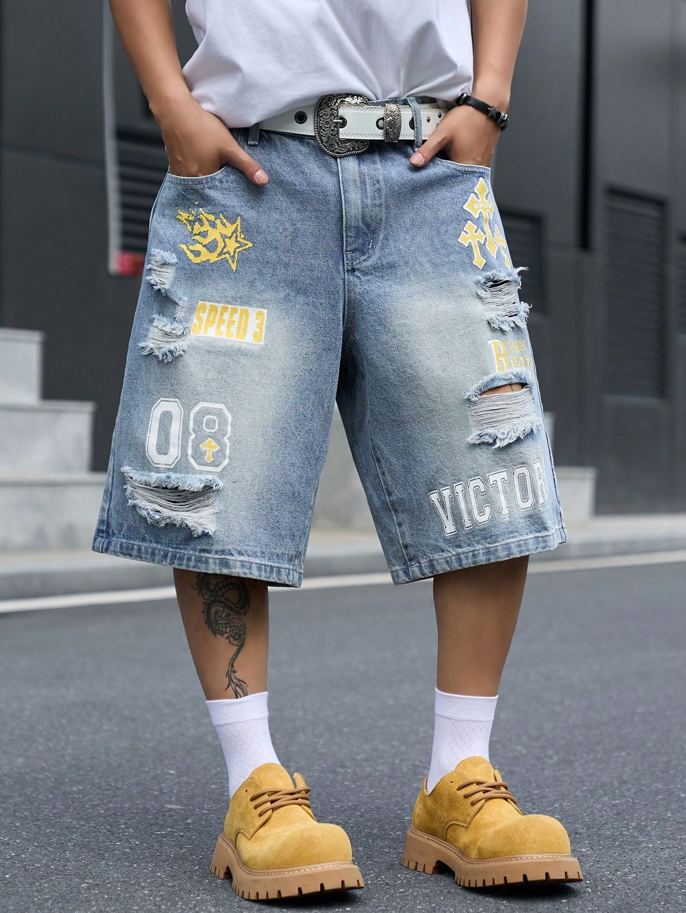 Distressed Jean Rip - Bermuda Jeans Masculina Solta, Jeans Vintage